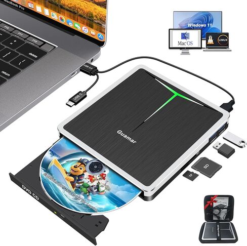 محرك أقراص DVD خارجي Guamar، USB 3.0 USB-C CD/DVD+/-RW ناسخ أقراص مضغوطة محمولة مشغل قارئ أقراص ضوئية لأجهزة الكمبيوتر المحمول وأجهزة الكمبيوتر المحمول وأجهزة الكمبيوتر المكتبية وأجهزة Mac Windows 11 وسطح المكتب مع فتحة SD/TF/2 منافذ USB (فضي) in Kuwait