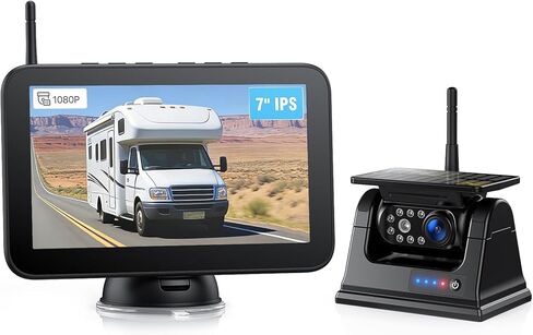Magnetic Solar Wireless Backup Camera 1080P 7" DVR Monitor, Rechargeable RV Camera Wireless System for Hitch Towing Travel RV Camper 5th Wheel, Built-in 9600mAh Battery & Solar Panel, BSC701 in Saudi Arabia