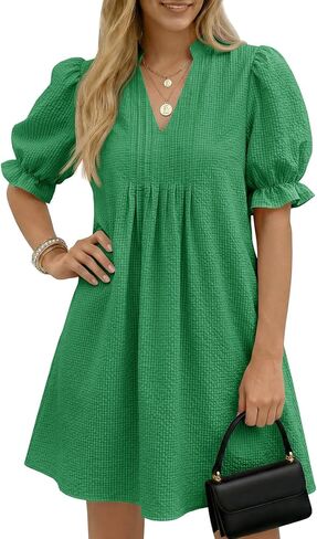 Wenrine Womens Summer Puff Short Sleeve Mini Dress Textured V Neck Casual Loose Ruffle Babydoll Dresses with Pockets in Saudi Arabia