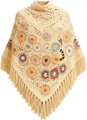 Handmade Crochet Granny Square Poncho & Boho Shawl in Beige & Black, Women's Vintage Tassel Scarf for Festival & Beach in Saudi Arabia