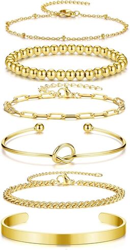 jovivi 6pcs أساور الفولاذ المقاوم للصدأ للنساء الرجال الفضة / 14K مطلية بالذهب الخرز الحب عقدة الكفة مشبك الورق الكوبي ربط سلسلة سوار مجموعات مجوهرات هدايا قابل للتعديل in Saudi Arabia