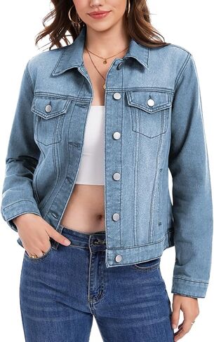 J.Corrine Women's Denim Jacket الأكمام الطويلة زر أسفل كوخ سترة جان مع جيوب in Saudi Arabia