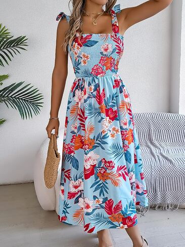 Women's Summer Flora Print Sleeveless Strappy Dress Smocked Ruched A Line Swing Flowy Vocation Dress in Saudi Arabia