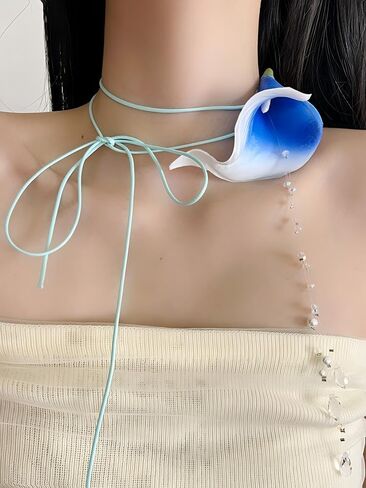 Colorful Flower Choker Necklaces for Women,Calla Lily Statement Necklace Pearl Drop 90s Choker Necklace Adjustable Unique Summer Cord Necklaces Jewelry Gifts in Saudi Arabia