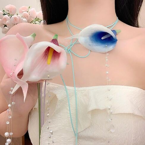 Colorful Flower Choker Necklaces for Women,Calla Lily Statement Necklace Pearl Drop 90s Choker Necklace Adjustable Unique Summer Cord Necklaces Jewelry Gifts in Saudi Arabia