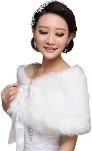 Women Bride Wedding Faux Fur Shawl Wrap Ribbon Tie Bridal Bridesmaid Stole Tippet Cape Party Cover Up Capelet Shrug in Saudi Arabia