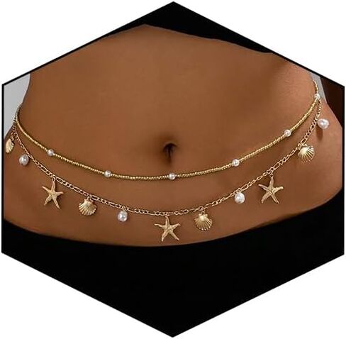 Gold Starfish Waist Chain for Women 2Pcs Adjustable Layered Belly Chain Bohemian Shell Beaded Bikini Body Chain for Beach, Summer Festival, Vacation & Boho Accessories in Saudi Arabia
