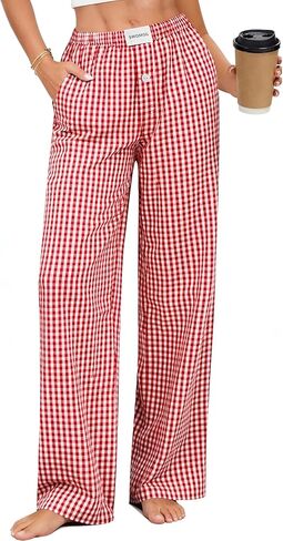 SWOMOG Women Cotton Pajama Pants 100% Cotton Plaid Lightweight Soft Striped Pj Pant Bottoms Wide Leg Lounge with Pocket Pink White Stripes XL in Saudi Arabia