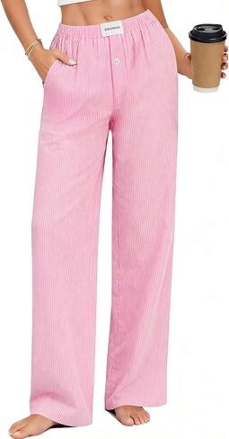 SWOMOG Women Cotton Pajama Pants 100% Cotton Plaid Lightweight Soft Striped Pj Pant Bottoms Wide Leg Lounge with Pocket Pink White Stripes XL in Saudi Arabia