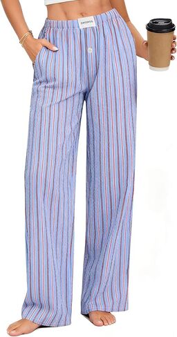 SWOMOG Women Cotton Pajama Pants 100% Cotton Plaid Lightweight Soft Striped Pj Pant Bottoms Wide Leg Lounge with Pocket Pink White Stripes XL in Saudi Arabia