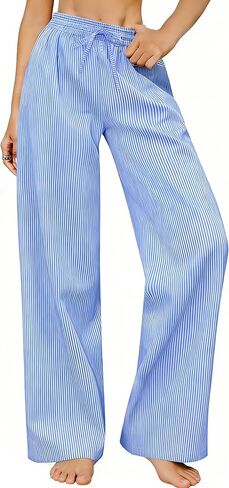 SWOMOG Women Cotton Pajama Pants 100% Cotton Plaid Lightweight Soft Striped Pj Pant Bottoms Wide Leg Lounge with Pocket Pink White Stripes XL in Saudi Arabia