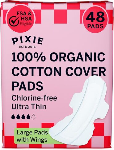 Pixie Cup Organic Cotton Large Pads for Women - Extra Heavy Absorbency with Wings - Leak-Proof, Hypoallergenic & Unscented - Compostable, Biodegradable - 48 Count in Saudi Arabia