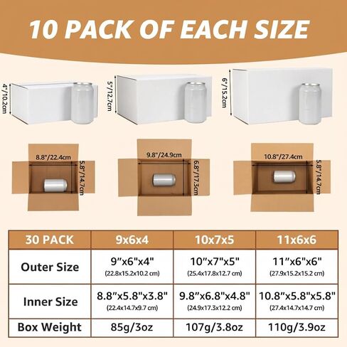 EXYGLO 30 عبوة 9 × 6 × 4، 10 × 7 × 5، 11 × 6 × 6 صناديق شحن بأحجام متنوعة للشركات الصغيرة، كل حجم 10 عبوات، صندوق صغير من الورق المقوى المموج الأبيض للتغليف والنقل والبريد والتخزين in Kuwait
