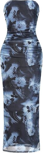Womens Summer Bodycon Maxi Dresses 2026 Floral Strapless Tube Slit Ruched Mesh Cocktail Party Long Dress in Saudi Arabia