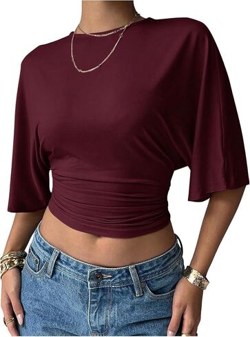 GORGLITTER Women's Dolman Short Sleeve Cinched Waist Tops Ruched Crew Neck Fitted Crop Tops Casual Going Out Outfits in Saudi Arabia