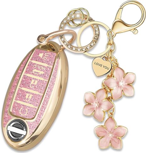 Black TPU Key Fob Cover with Plum Blossom Keychain Compatible with Nissan Altima Armada Maxima Murano Pathfinder Rogue Sedan Sentra Versa 5-Button Smart Key for Women in Saudi Arabia
