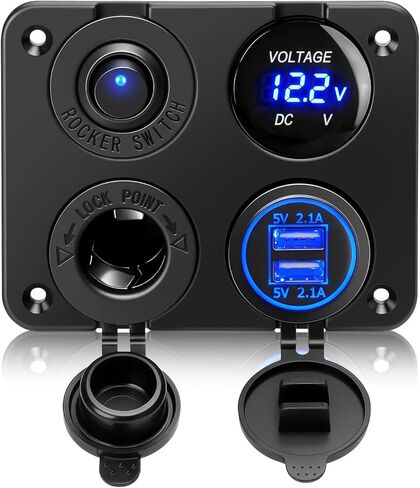Linkstyle 4 in 1 Charger Socket Panel, 12V 4.2A Dual USB Charger Socket Power Outlet & LED Voltmeter & Cigarette Lighter Socket & LED Lighted ON Off Rocker Toggle Switch for Car Marine Boat RV Truck in Kuwait