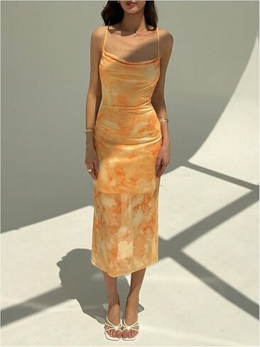 OYOANGLE Women's Floral Bodycon Long Dress Mesh Sleeveless Cowl Neck Ruched Beach Wedding Guest Dress in Saudi Arabia
