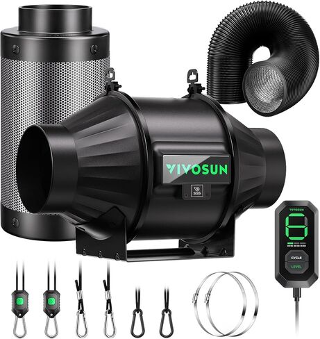 مجموعة VIVOSUN Smart Air Filtration T4 Kit مقاس 4 بوصات، مروحة قناة AeroZesh T4 المضمنة مع وحدة تحكم في السرعة E12 وفلتر كربون وقنوات 8 بوصات ونظام تبريد وتهوية لخيام النمو والبستنة الداخلية والزراعة المائية in Saudi Arabia