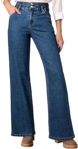 Astylish Women's Pull On Stretchy Elastic High Waisted Jeans Trendy Wide Leg Baggy Straight Trouser Jeans in Saudi Arabia