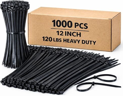 Black Heavy Duty Zip Ties 12 Inch, 120 LB Tensile Strength, Bulk 1000 Pack, 0.30 Inch (7.6 mm) Wide Nylon 66 Cable Ties, UV Resistant Self-Locking Wire Ties for Outdoor Use ﻿ in Kuwait