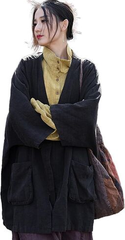 Women's Ramie Loose Fit Windbreaker Cardigan Kimono Sleeve with Pockets Coat Casual Oversized Outerwear in Saudi Arabia