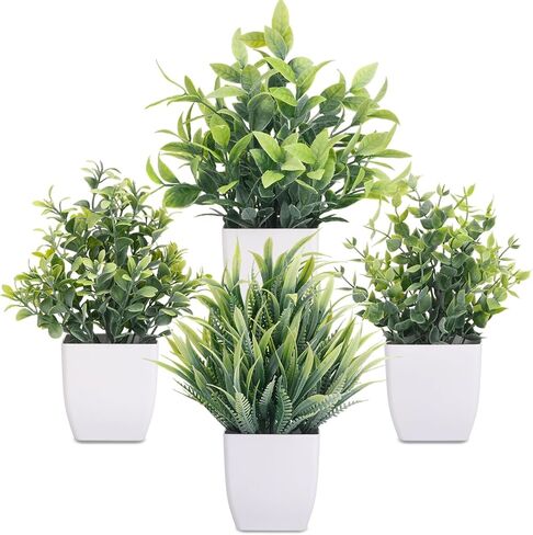 CEWOR Fake Plants 4 Packs Small Artificial Greenery Mini White Potted Plants Bathroom Accessories Decorations for Desk Bathroom Office Home Room Kitchen Table Indoor in Kuwait
