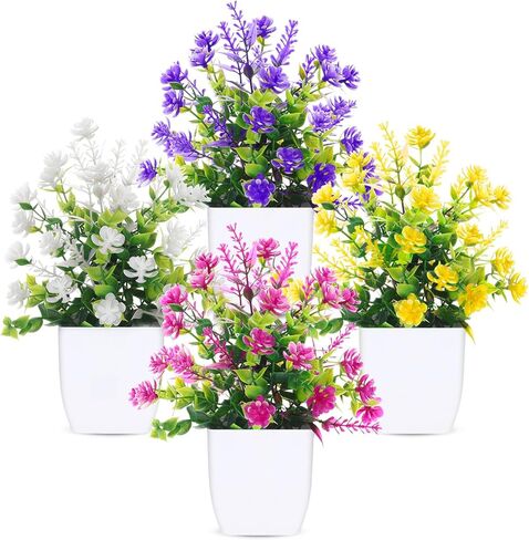 CEWOR Fake Plants 4 Packs Small Artificial Greenery Mini White Potted Plants Bathroom Accessories Decorations for Desk Bathroom Office Home Room Kitchen Table Indoor in Kuwait