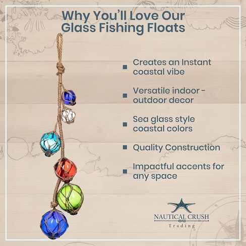 Glass Fishing Floats | Aqua Japanese Glass Floats Strand 2"-4" | Nautical Rope Ball | Strand of 6 | Nautical Themed Wall Decor | Beach House Decor | Glass Buoys for Decoration & Ocean Room Decor in Saudi Arabia