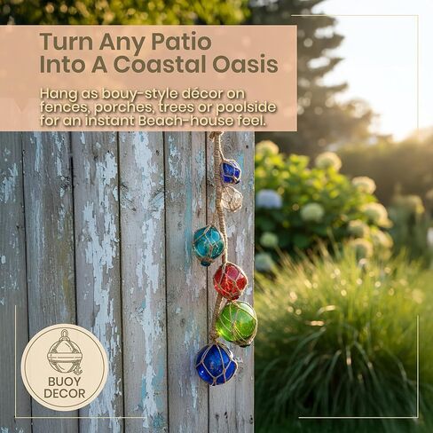 Glass Fishing Floats | Aqua Japanese Glass Floats Strand 2"-4" | Nautical Rope Ball | Strand of 6 | Nautical Themed Wall Decor | Beach House Decor | Glass Buoys for Decoration & Ocean Room Decor in Saudi Arabia