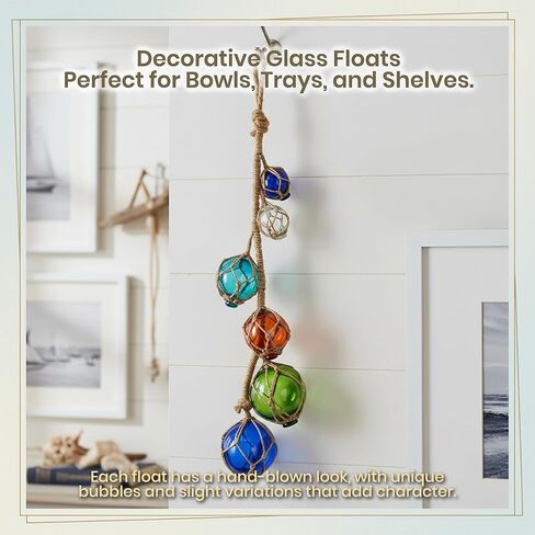 Glass Fishing Floats | Aqua Japanese Glass Floats Strand 2"-4" | Nautical Rope Ball | Strand of 6 | Nautical Themed Wall Decor | Beach House Decor | Glass Buoys for Decoration & Ocean Room Decor in Saudi Arabia
