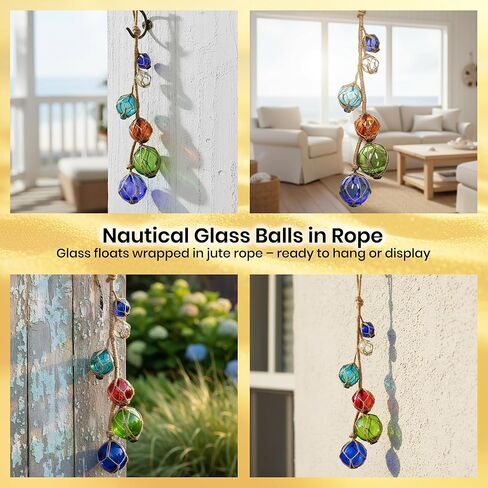 Glass Fishing Floats | Aqua Japanese Glass Floats Strand 2"-4" | Nautical Rope Ball | Strand of 6 | Nautical Themed Wall Decor | Beach House Decor | Glass Buoys for Decoration & Ocean Room Decor in Saudi Arabia