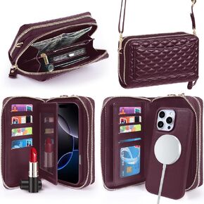 Harryshell Compatible with iPhone 14 Pro Max 6.7 inch 2022 Case Wallet Multi Zipper Detachable Magnetic Cover Purse Bag with Card Slots Mirror Crossbody Chain Wrist Strap (Crocodile Wine Red) in Kuwait