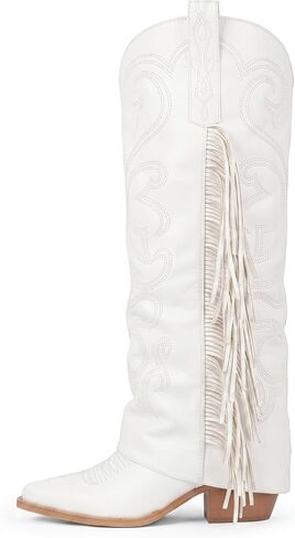 QIY Women's Fold Over Fringe Embroidered Western Cowboy Boots | Embroidery Pointy Toe Chunky Block High Heel Boots with Half Zipper for Country Music Festivals Rodeo in Saudi Arabia