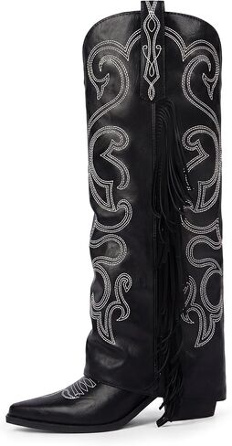 Women's Knee High Cowboy Boots Cowgirl Fold Over Fringe Boots for Women Western Embroidery Pointy Toe Chunky Block High Heel with Half Zipper for Country Music Festivals Rodeo in Saudi Arabia
