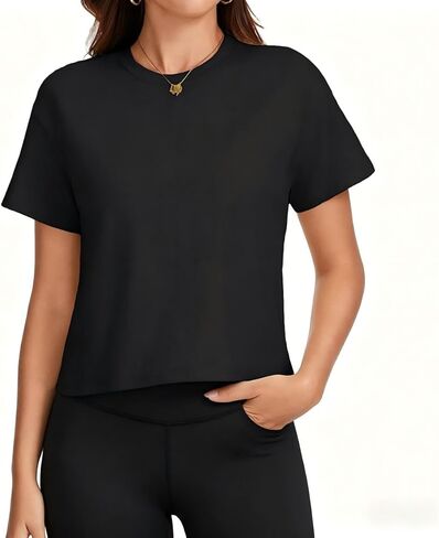 Women's Workout Cropped T Shirts Cotton Boxy Tops Crew Neck Short Sleeve Casual Loose Summer Crop Tee in Saudi Arabia