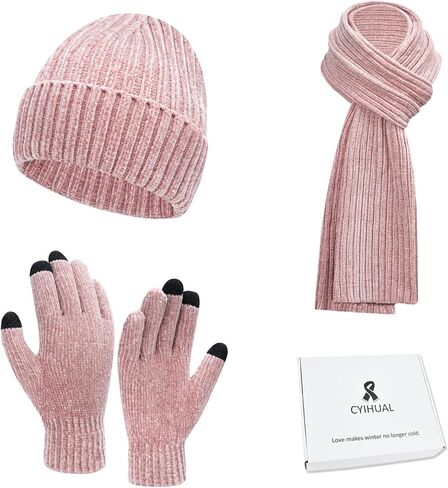 Cyihual Winter Beanie Hat Knit Scarf Touchscreen Gloves Set for Women Gift Set in Saudi Arabia