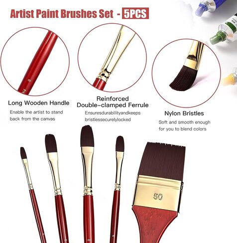 rubens Acrylic Paint Brushes, 5 Pcs Professional Paint Brushes Set, Long Wooden Handles Artist Series Brushes Nylon Bristles with Wide Flat, Flat, Round for Acrylic Oil Gouache Watercolor Painting in Saudi Arabia