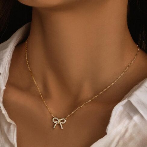 Women's 14K Gold Choker Necklace 925 Sterling Silver Necklaces Bowknot Pendant Necklace Jewelry Sparkly Dainty Neck Accessory in Saudi Arabia