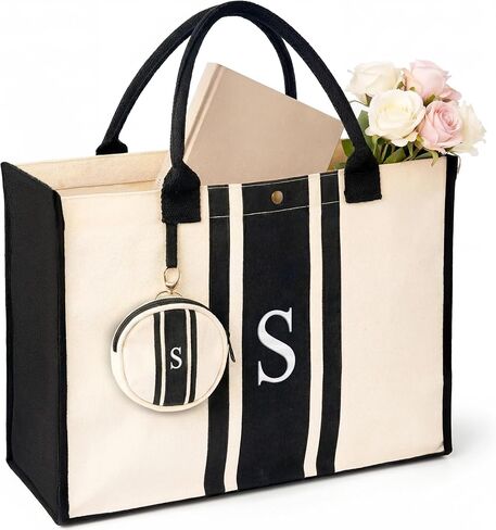 LEAFICO Initial Canvas Tote Bag - Embroidered Letter Beach Bag, Monogrammed Personalized Gift Bag For Women, Make Up Purse in Saudi Arabia