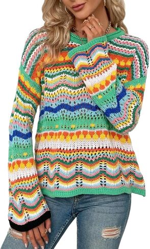 Mywinway Boho Sweater for Women Trendy Colorful Rainbow Crochet Sweaters Long Sleeve Y2k Striped Knit Pullover Tops in Saudi Arabia
