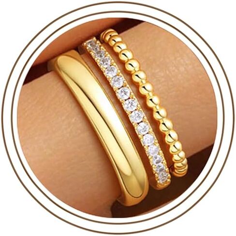 M MOOHAM Gold Rings for Women Non Tarnish, 14K Gold-Plated Triple Half Stackable Band Rings for Women Multi-Band Cubic Zirconia Ring Minimalist Women's Jewelry Gifts Size 6 7 8 9 in Saudi Arabia
