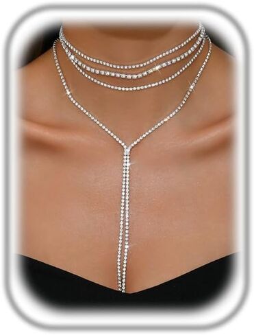 Boho Layered Necklaces for Women Fashion Y Long Neckalce Statement Long Sweater Chain Necklace Black Gold Silver Shiny Rhinestones Choker Necklace Wedding Bridal Jewerly in Saudi Arabia