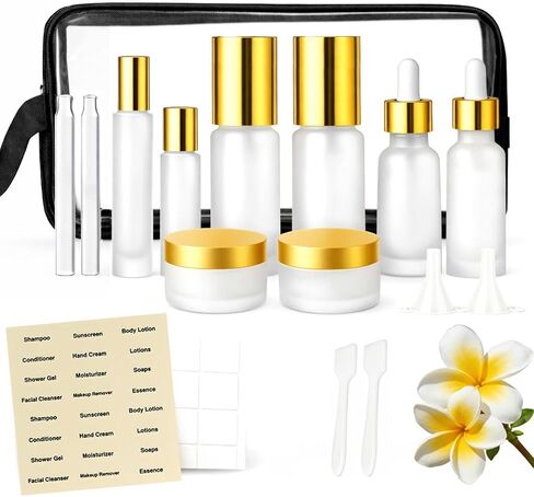 18Pack Glass Travel Bottles for Toiletries, TSA Approved Glass Travel Containers 1.35/0.7/1 oz Silver Small Travel Bottles with Label, BPA Free Leak Proof with Pump Spray Bottles for Makeup, Skincare in Saudi Arabia