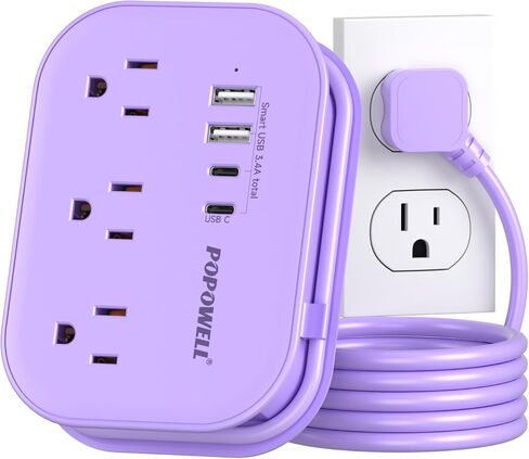 POPOWELL PD 20W USB C Power Strip، شريط طاقة للسفر مع 3 منافذ و3 منافذ USB (1 USBC) شحن سريع للهاتف Ipad، شاحن QC 3.0 لأساسيات سفينة Crusie، مسكن مكتب السفر المنزلي، 5 أقدام، رمادي. in Kuwait