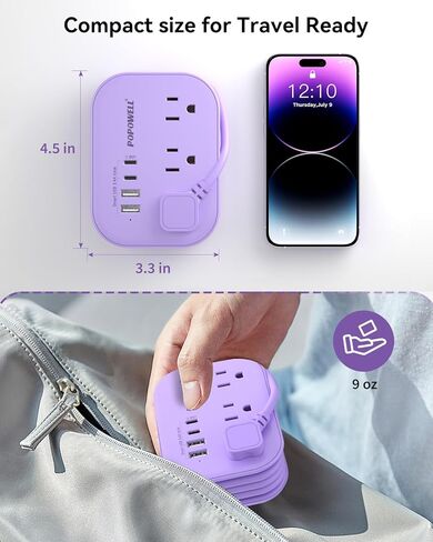 POPOWELL PD 20W USB C Power Strip، شريط طاقة للسفر مع 3 منافذ و3 منافذ USB (1 USBC) شحن سريع للهاتف Ipad، شاحن QC 3.0 لأساسيات سفينة Crusie، مسكن مكتب السفر المنزلي، 5 أقدام، رمادي. in Kuwait