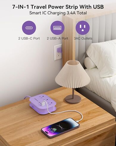 POPOWELL PD 20W USB C Power Strip، شريط طاقة للسفر مع 3 منافذ و3 منافذ USB (1 USBC) شحن سريع للهاتف Ipad، شاحن QC 3.0 لأساسيات سفينة Crusie، مسكن مكتب السفر المنزلي، 5 أقدام، رمادي. in Kuwait