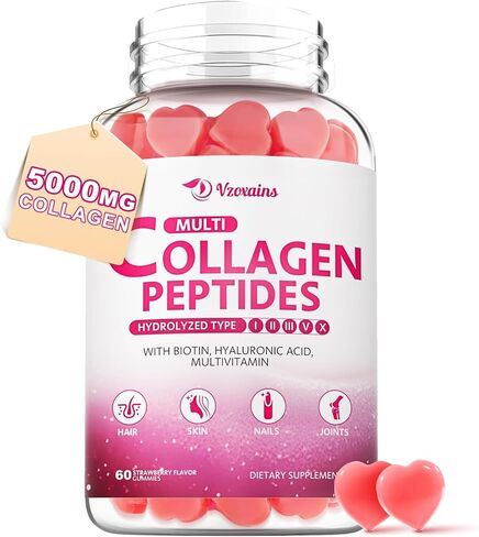الكولاجين ببتيدات Gummies 5000mg ، الكولاجين الصباء للنساء والرجال ، النوع الأول ، الثاني ، الثالث ، V ، X البروتين مع البيوتين ، حمض الهيالورونيك ، فيتامين C للبشرة الصحية | بنكهة الفراولة ، خالية من السكر ، 120 سنتس in Saudi Arabia