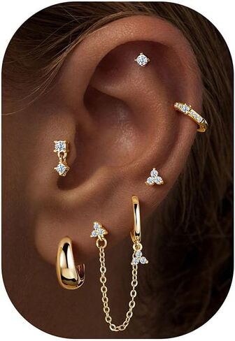 Turandoss Gold Earrings for Women, 14K Gold Plated Hypoallergenic Dangle Earrings Dainty Hoop Stud Earrings Stacks Cartilage Earrings for Multiple Piercing in Saudi Arabia