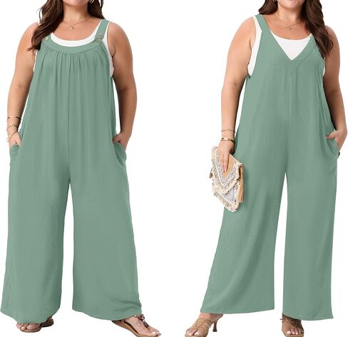 OLRIK Plus Size Overalls for Women Reversible Jumpsuits Wide Leg Rompers Curvy Adjustable Strap Loose Summer Pockets in Saudi Arabia